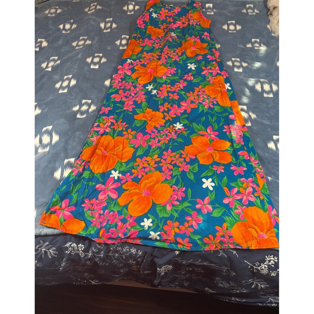 Aloha Hawaiian Originals Vintage Floral Cotton Maxi Dress Blue Orange Pink M